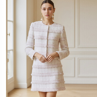 女秋冬钉珠流苏边优雅气质套装 Marie Elie小香风粗花呢套装