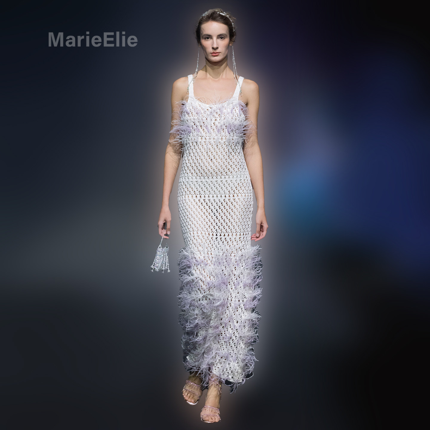 Marie Elie高定重工网眼羽毛连衣裙女白色吊带裙轻奢晚礼服高级感