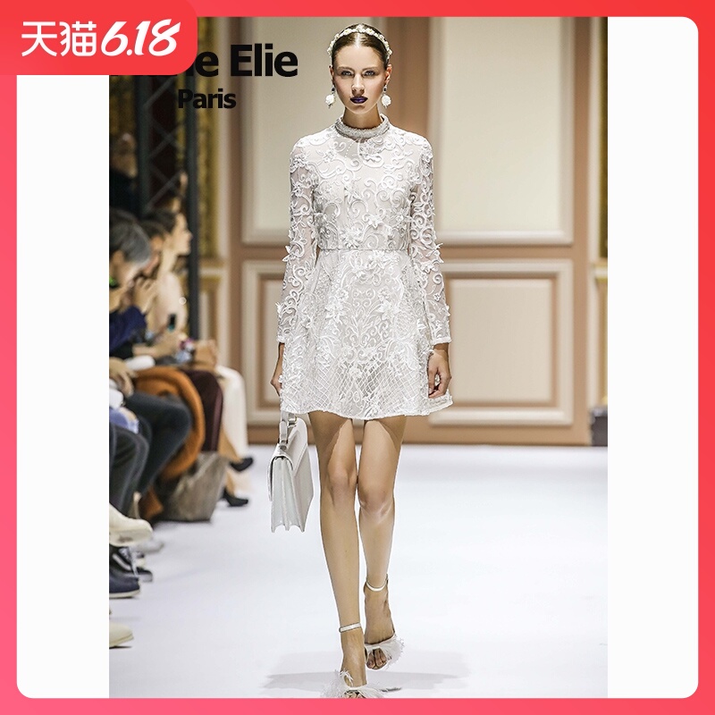 Marie Elie2018巴黎秀款 白色米珠欧式短裙E2811M01820
