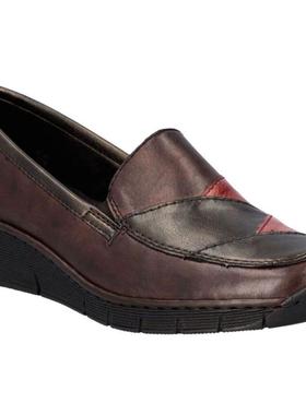 代购rieker女士乐福鞋透气软底轻便舒适深棕色拼接设计楔形跟