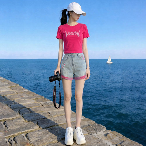 韩版休闲时尚套装夏季新款洋气显瘦百搭字母T恤高腰牛仔短裤套装