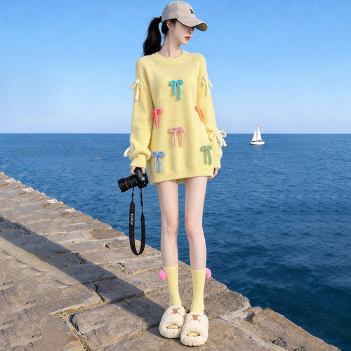 洋气女装新款韩系甜美糖果色立体蝴蝶结宽松慵懒圆领针织毛衣