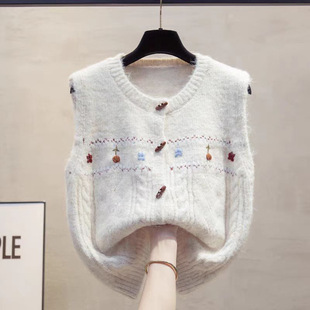 手工绣花开衫 外穿马夹毛衣坎肩潮 圆领针织马甲背心女2025秋冬新款