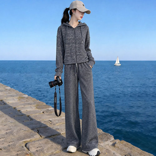 休闲时尚条纹运动套装女春秋季宽松显瘦连帽拉链卫衣阔腿裤两件套