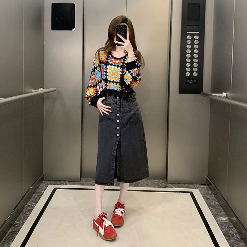 夏季新款甜美花朵女装钩花罩衫复古港风时尚牛仔短裙气质两件套装