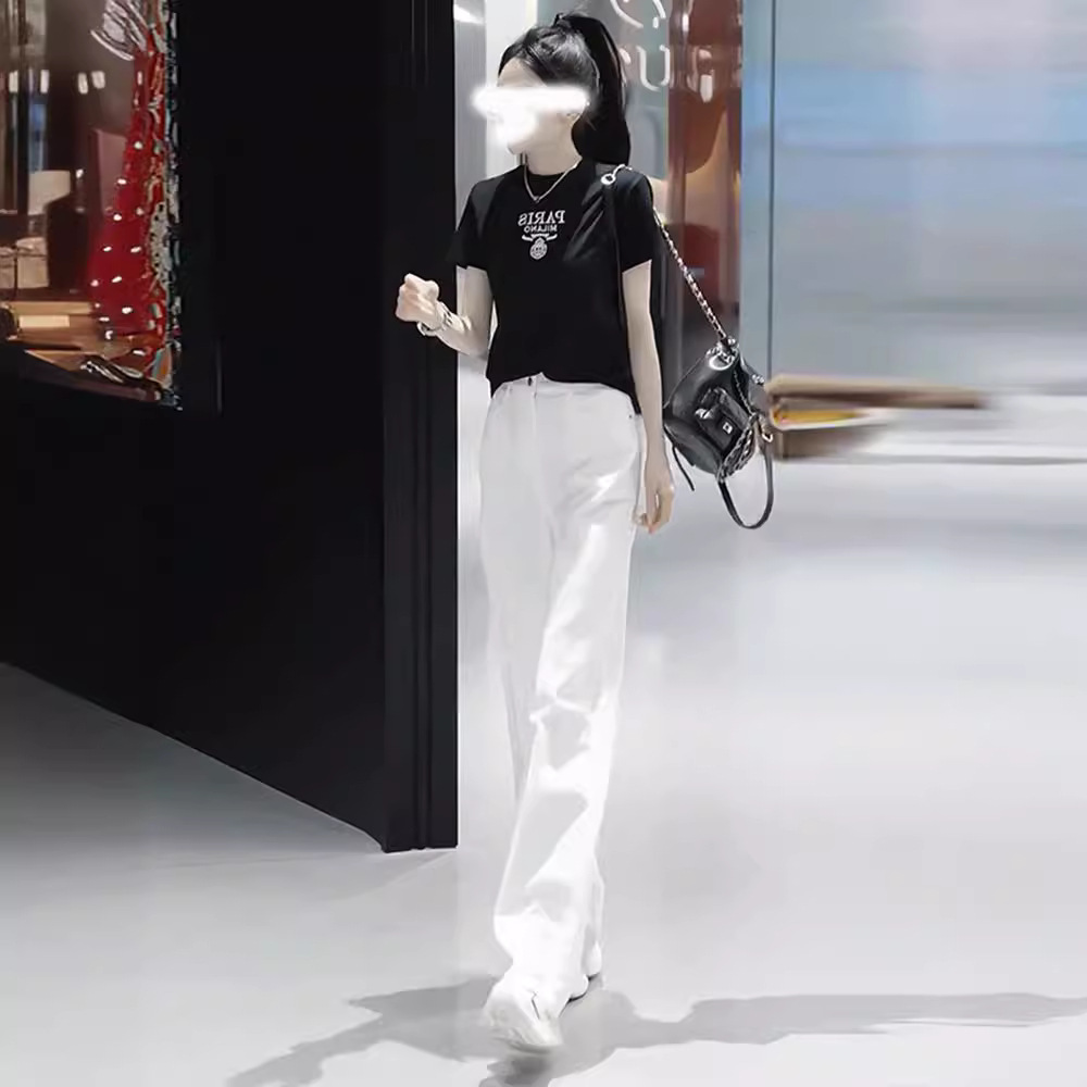 港风潮牌时尚套装女2025夏新款修身黑色短袖t恤垂感阔腿裤两件套