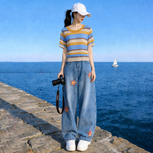 夏季新款时尚减龄休闲运动套装女刺绣阔腿裤宽松显瘦洋气两件套女