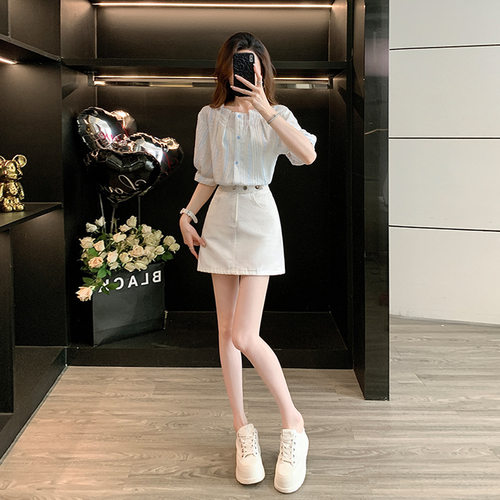 复古港风短袖衬衫牛仔短裙休闲时尚套装女装高腰显瘦网红洋气炸街