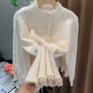 半高领钉珠蕾丝拼接毛衣内搭女秋冬感针织衫独特别致打底上衣