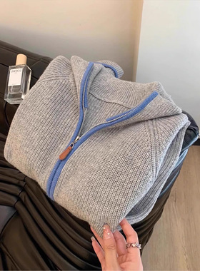 灰色翻领拉链毛衣外套女2025春秋季加厚慵懒风立领针织开衫上衣潮