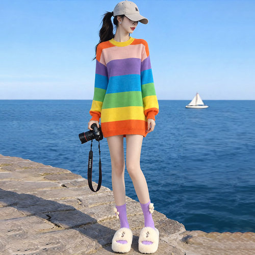 彩虹毛衣女宽松百搭慵懒风秋季新款春秋装韩版港味chic针织衫上衣