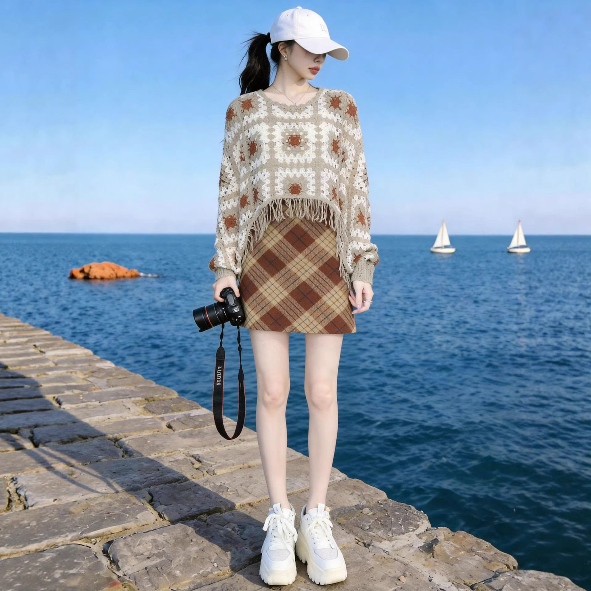 夏季新款甜美花朵女装钩花罩衫复古港风时尚格子短裙气质两件套装