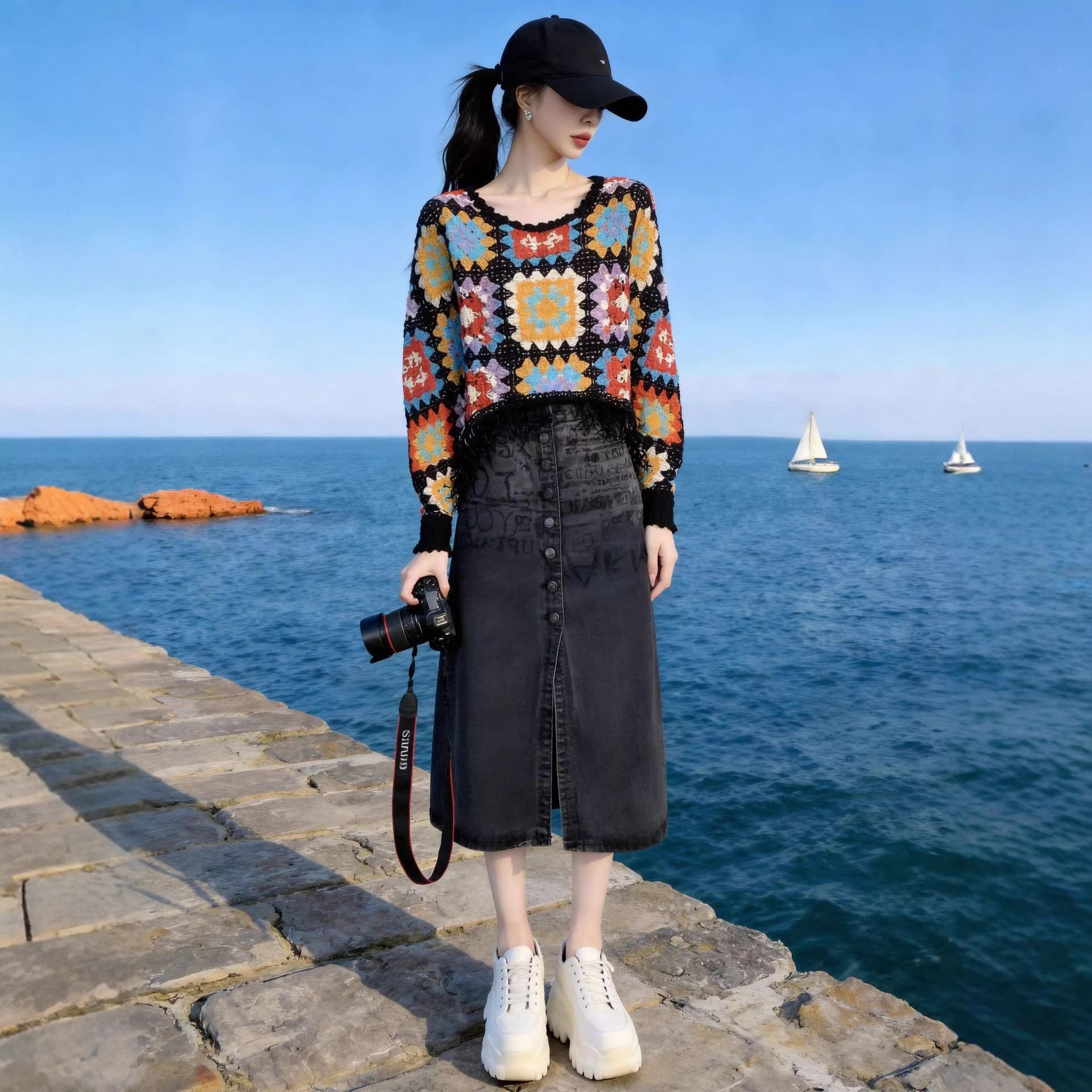 夏季新款甜美花朵女装钩花罩衫复古港风时尚牛仔短裙气质两件套装