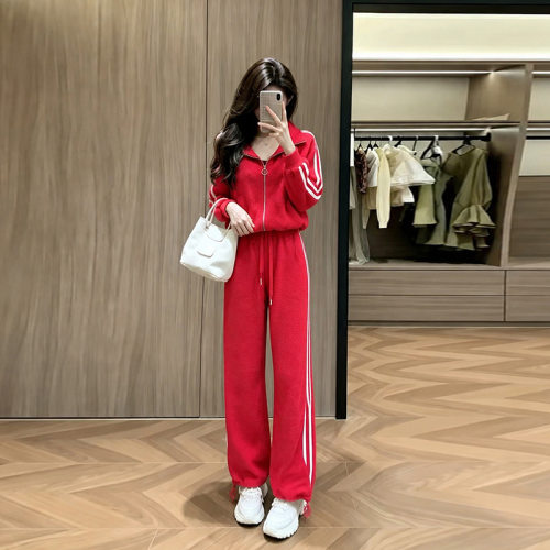 美式休闲运动百搭套装女秋季新款时尚炸街连帽加绒羊羔绒两件套潮