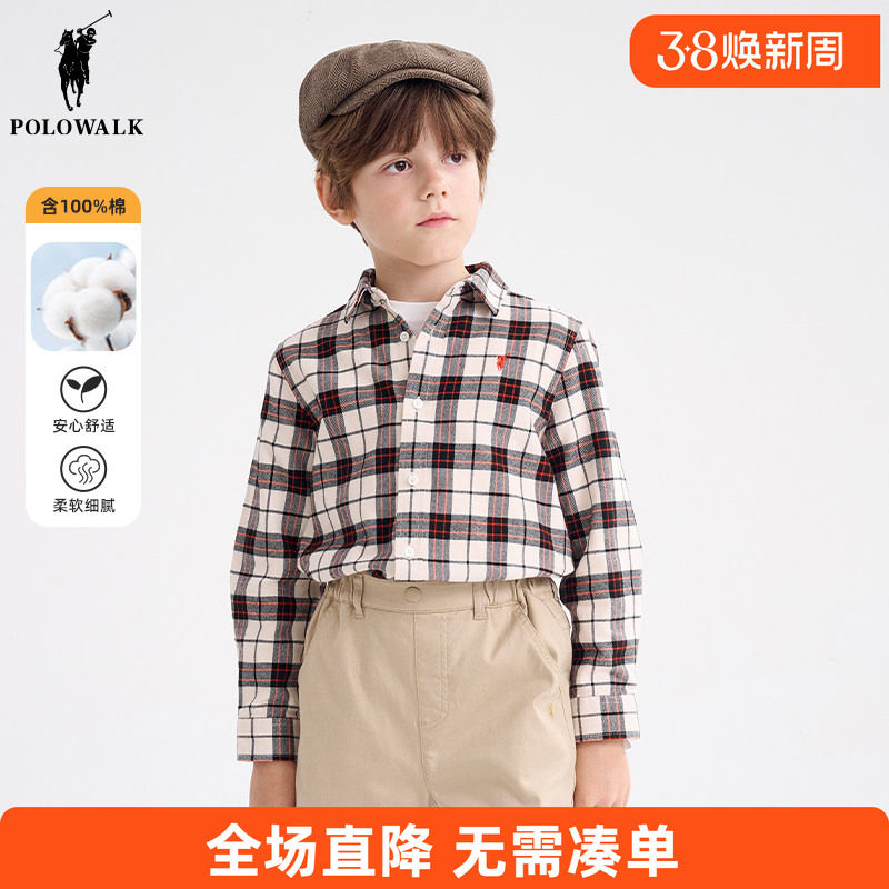 Polo walk童装 男童长袖衬衫格子2025春秋季新款儿童纯棉磨毛
