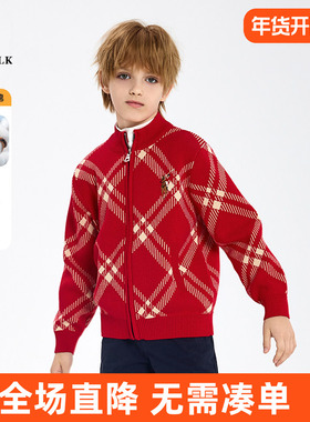 POLOWALK童装 儿童毛衣男童针织开衫2025春秋外套上衣红色新年