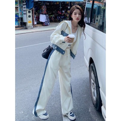 白色牛仔拼接休闲运动套