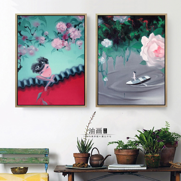 【春眠不觉晓】纯手绘新中式花朵小船少女人物油画客厅餐厅装饰画
