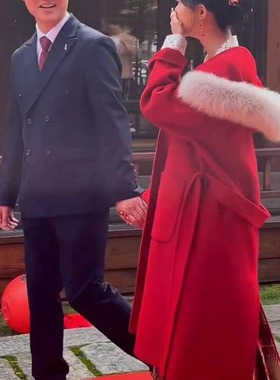 赫本风红色狐狸毛双面羊绒大衣女喜庆系带收腰高端中长款羊毛外套