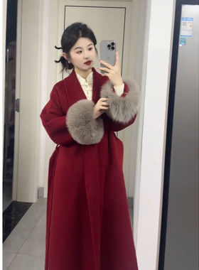 红色羊毛外套女中长款毛毛袖口中古风千金高级感浴袍秋冬新款大衣