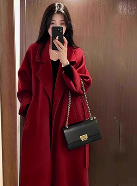 酒红色双面羊绒大衣女中长款高端时尚韩版秋冬季新款轻奢羊毛外套