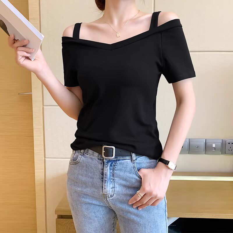 黑色露肩短袖t恤女夏2026新款双V领修身显瘦性感露锁骨设计感上衣