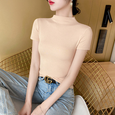 白色短袖T恤女春夏2026年新款半高领气质修身半袖体恤打底衫上衣