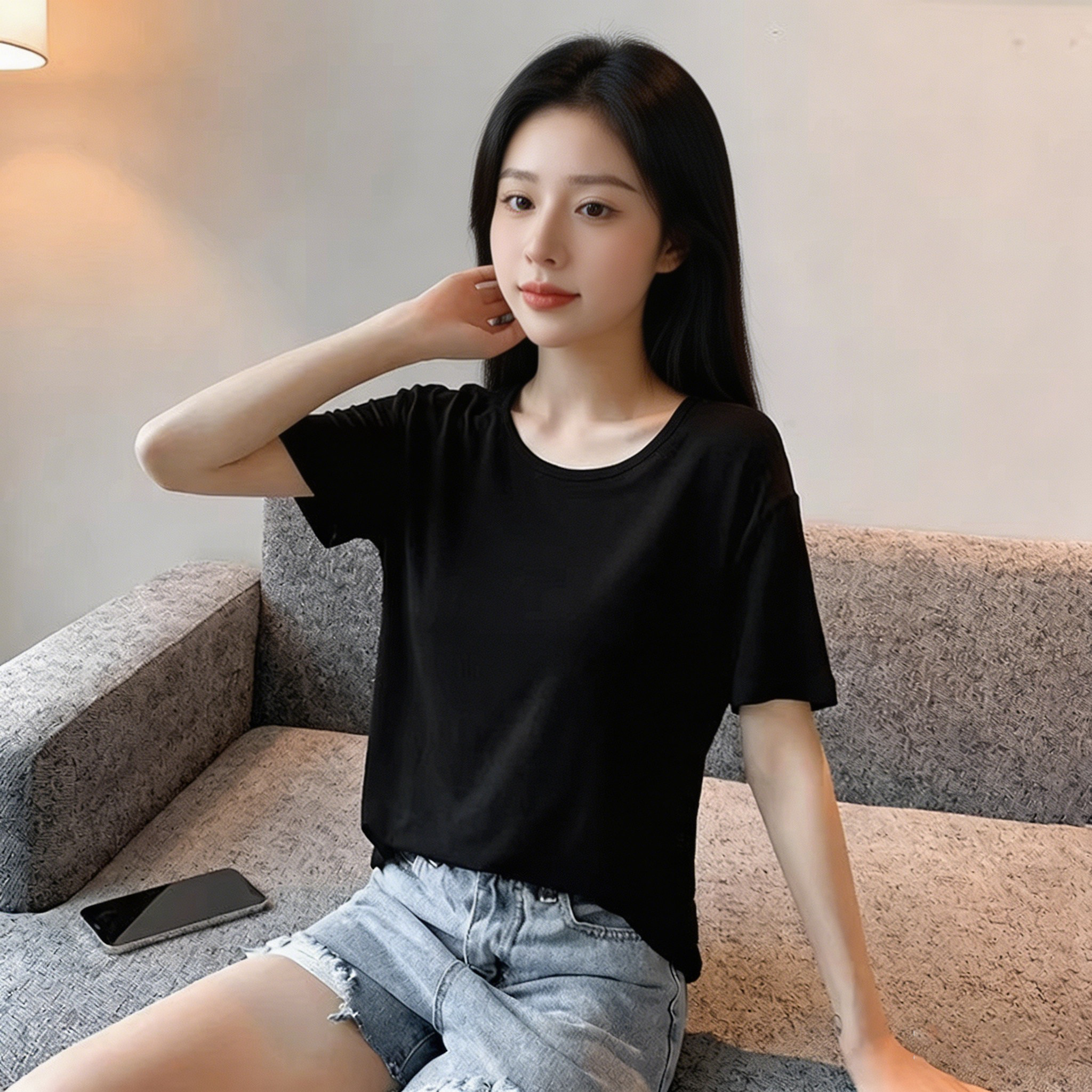 莫代尔黑色宽松短袖t恤女2026新款夏季圆领体恤冰丝面膜薄款上衣