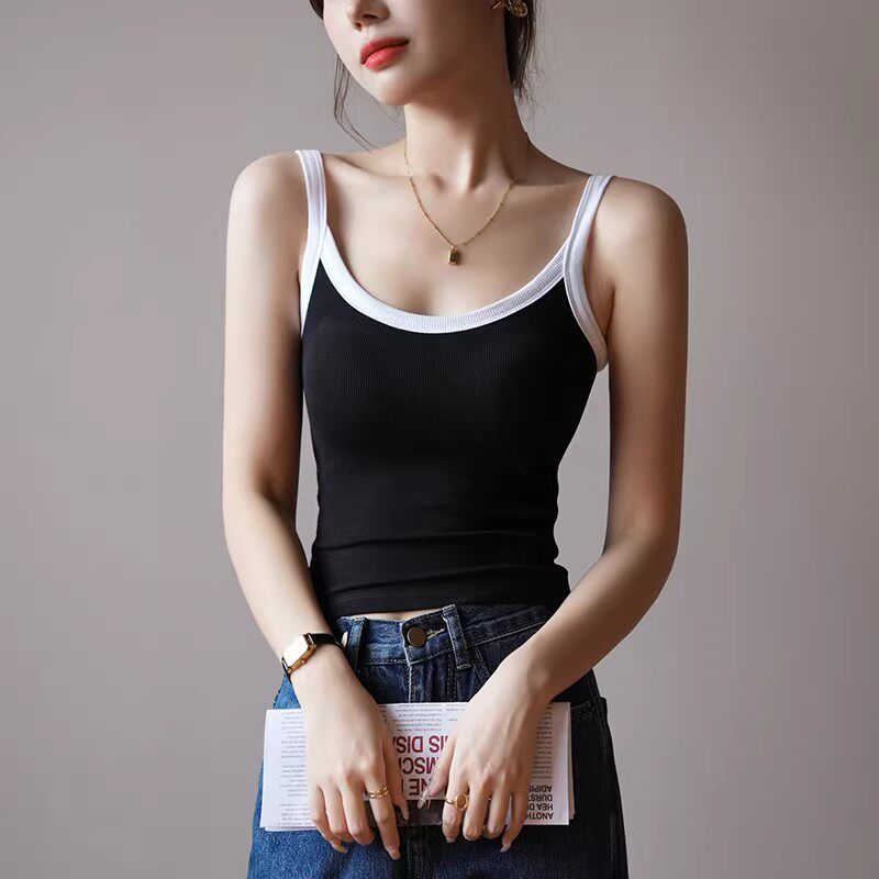 撞色吊带背心女春夏内搭带胸垫2026新款修身美背一体外穿短款上衣