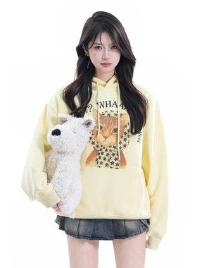 kk soul美式复古猫咪印花连帽卫衣潮牌百搭休闲情侣黄色帽衫上衣