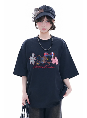 kk soul甜酷风小花贴布夏设计感小众短袖oversize圆领T恤上衣ins