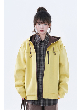kk soul黄色连帽宽松bf风翻领开衫休闲百搭高级感拉链情侣外套潮