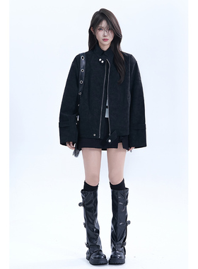 kk soul美式复古简约黑色立领外套女秋季新款设计感宽松夹克上衣