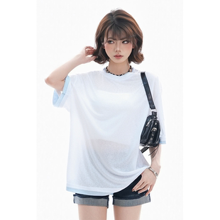 kk soul美式潮牌撞色圆领假两件上衣女慵懒风夏季宽松显瘦短袖T恤