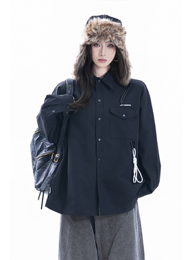 kk soul美式复古绳子挂坠刺绣黑色衬衫秋季新款小众宽松情侣衬衣