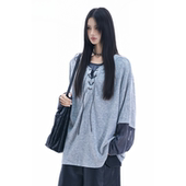 宽松松弛慵懒感上衣拼接假两件绑带小众百搭罩衫 soul春季 T恤