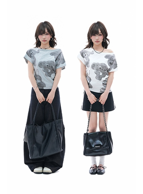 kk soul美式潮牌收腰显瘦短袖T恤女夏季卡通小熊叠褶设计露肩上衣