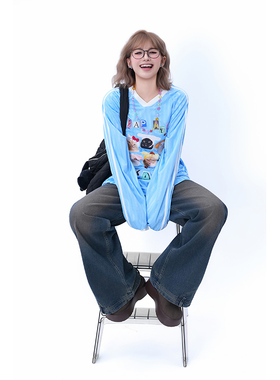 kk soul美式泽西风趣味卡通蓝色长袖T恤初秋新款宽松缎面球衣上衣