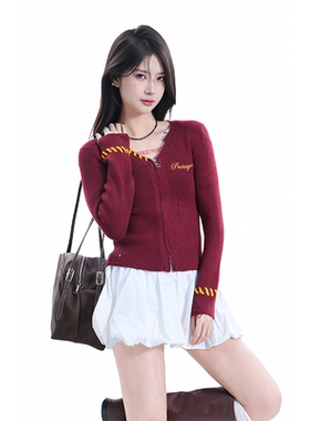 kk soul美式辣妹破洞红色拉链针织衫潮牌修身显瘦短款毛衣开衫ins