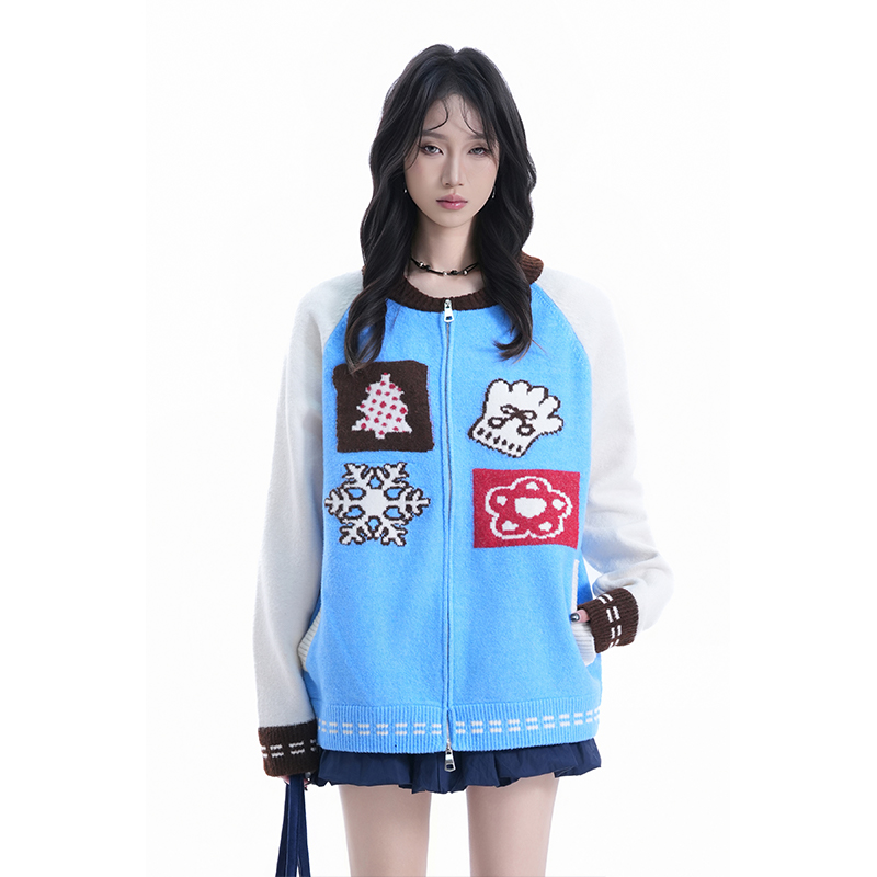 kk soul美式复古趣味卡通提花拉链开衫毛衣女秋冬季插肩袖针织衫