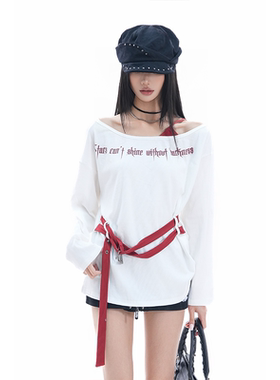 kk soul美式潮牌斜肩假两件上衣收腰绑带设计感小众辣妹风春秋T恤
