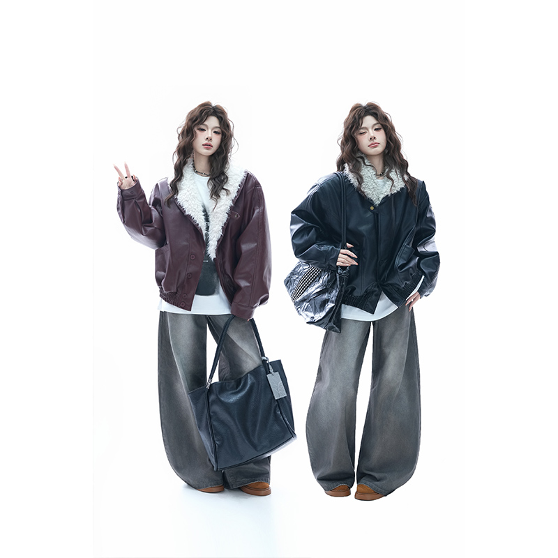 kk soul飞行夹克机车服宽松冬季羊羔绒外套加厚ins纯色情侣棉服潮