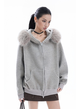 kk soul美式复古毛领条纹氛围感连帽外套高级慵懒风宽松卫衣开衫