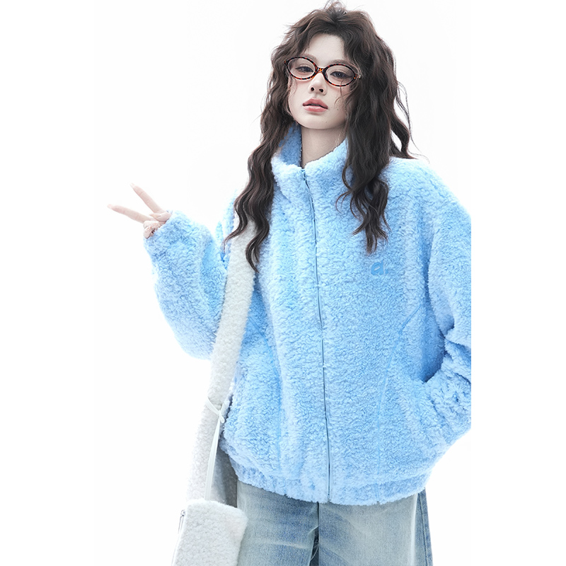 kk soul冬季甜美风摇粒绒抓绒刺绣立领棉服毛茸茸羊羔绒保暖外套