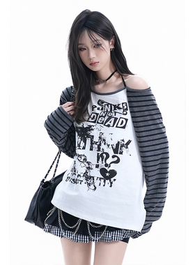 kk soul美式复古条纹拼接一字肩长袖T恤女早秋新款辣妹风宽松上衣