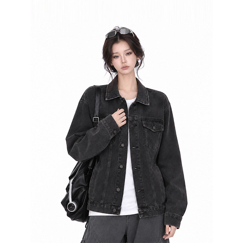 kk soul Vintage水洗牛仔夹克女宽松落肩单排扣休闲外套情侣装