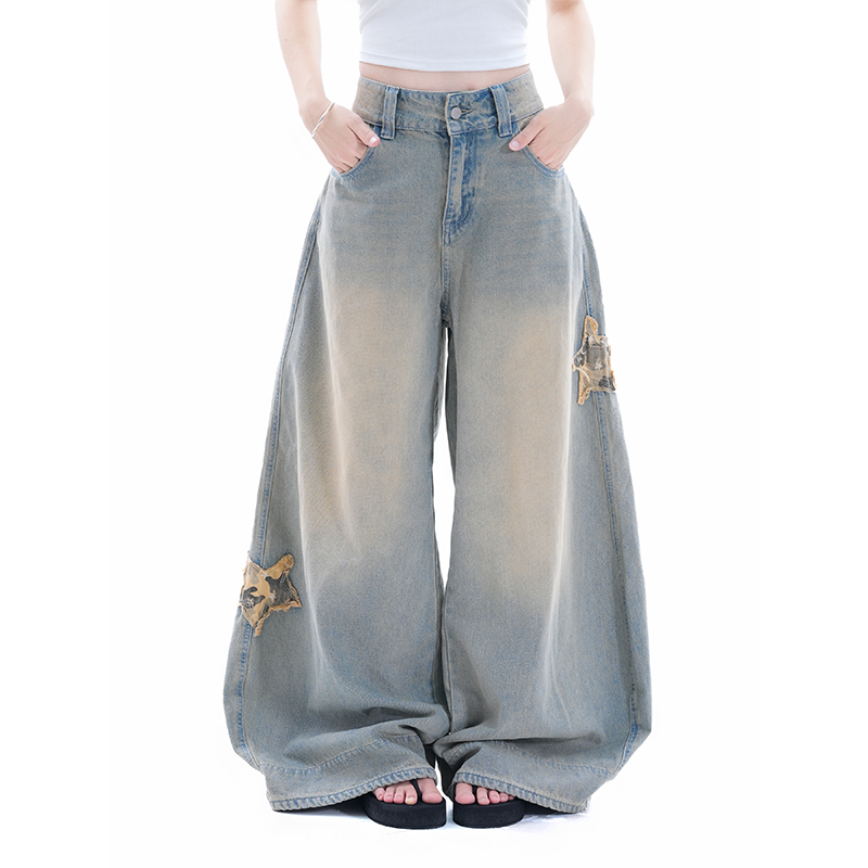 kk soul美式水洗做旧迷彩贴布阔腿牛仔裤宽松设计感街头拖地裤潮,女装/女士精品,休闲裤,淘宝优惠券,粉丝福利购,淘宝优惠卷