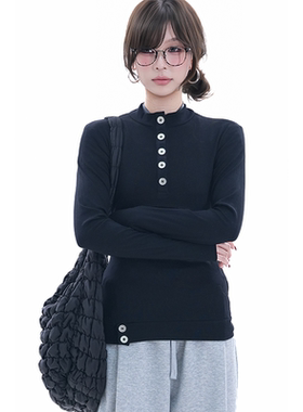 kk soul辣妹风修身收腰纽扣立领T恤春季纯色简约百搭打底衫上衣潮