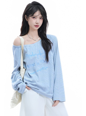 kk soulh韩系温柔蓝色条纹露肩长袖t恤秋季辣妹绑带设计宽松上衣
