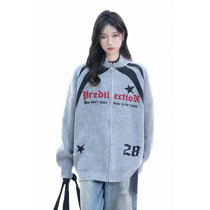 kk soul美式复古星星灰色针织开衫毛衣女秋冬新款慵懒风宽松外套